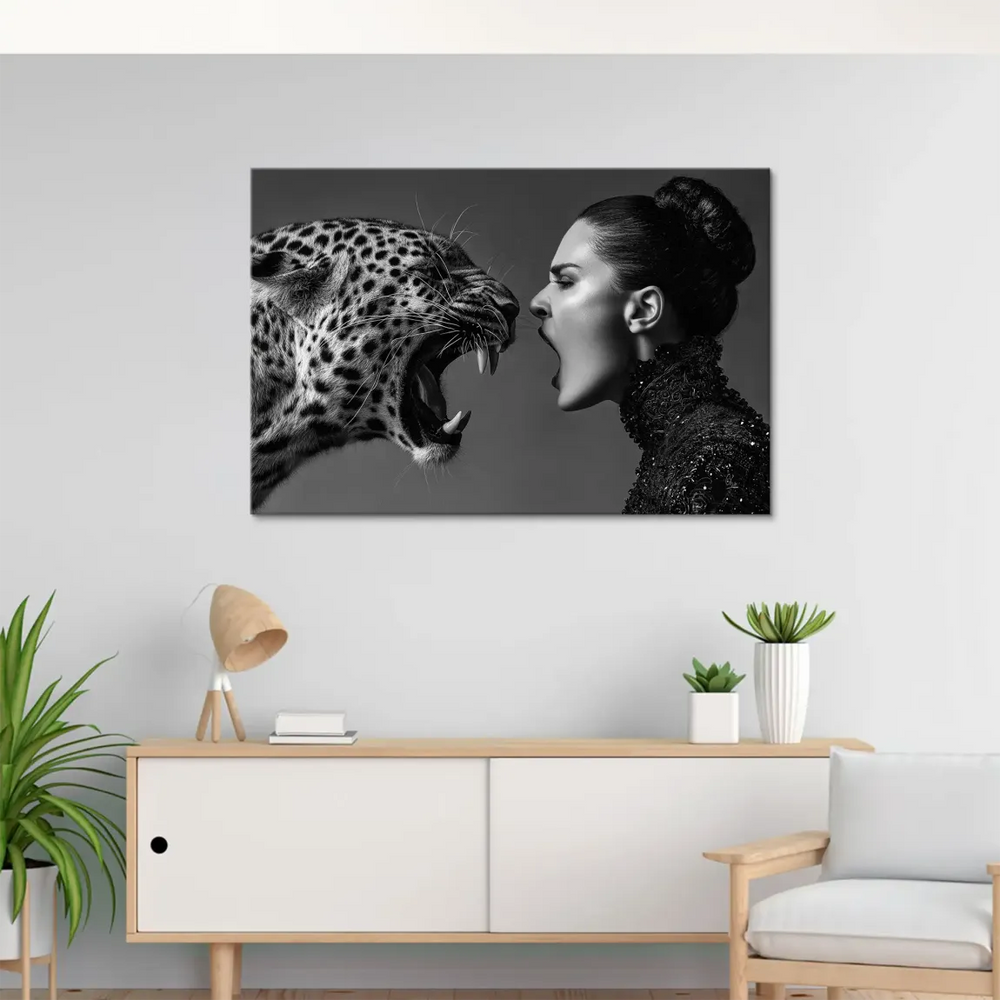 Dramatic, fashion-forward wall art with a primal confrontation between animal and human.