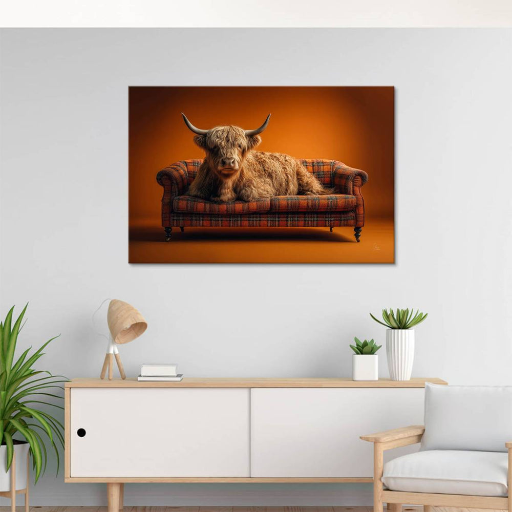 Warm rust-orange and deep brown tones on a tartan sofa.