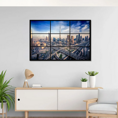 Wide-angle Dubai cityscape highlighting futuristic architecture against a deep blue sky and warm city lights.