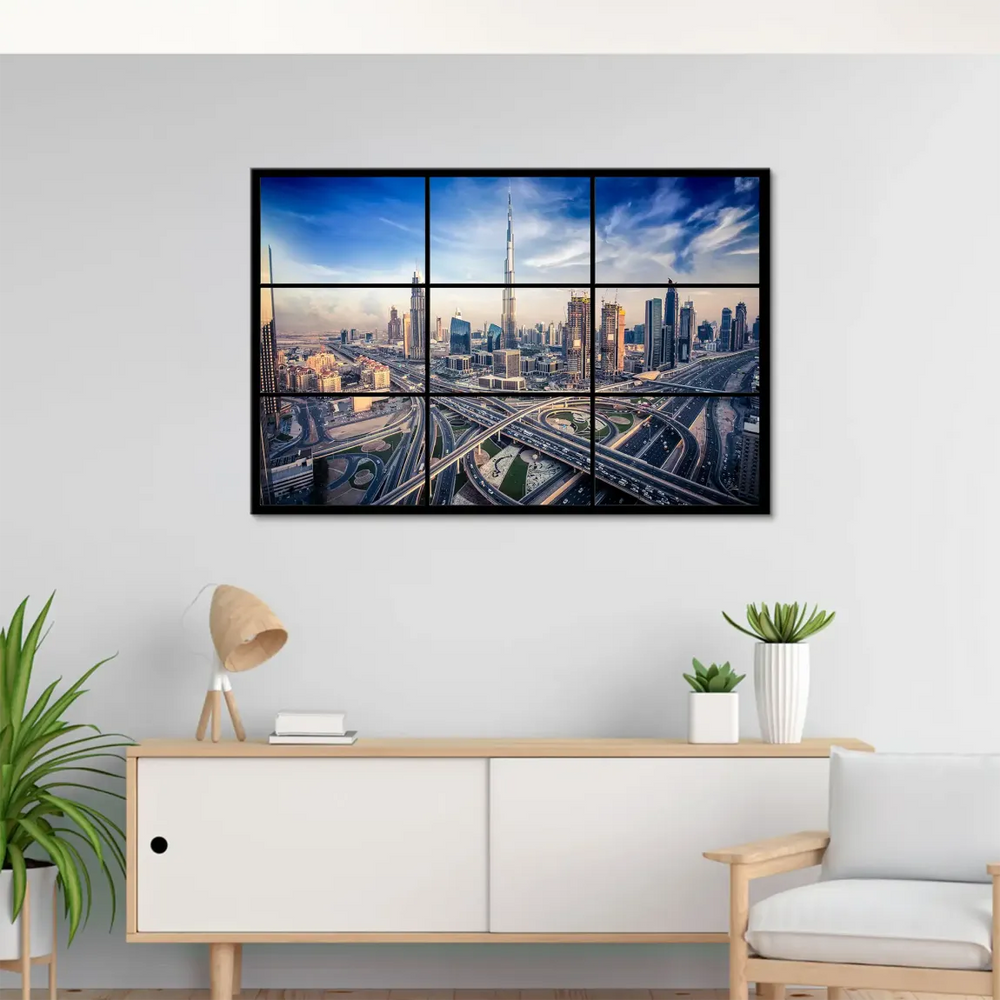 Wide-angle Dubai cityscape highlighting futuristic architecture against a deep blue sky and warm city lights.