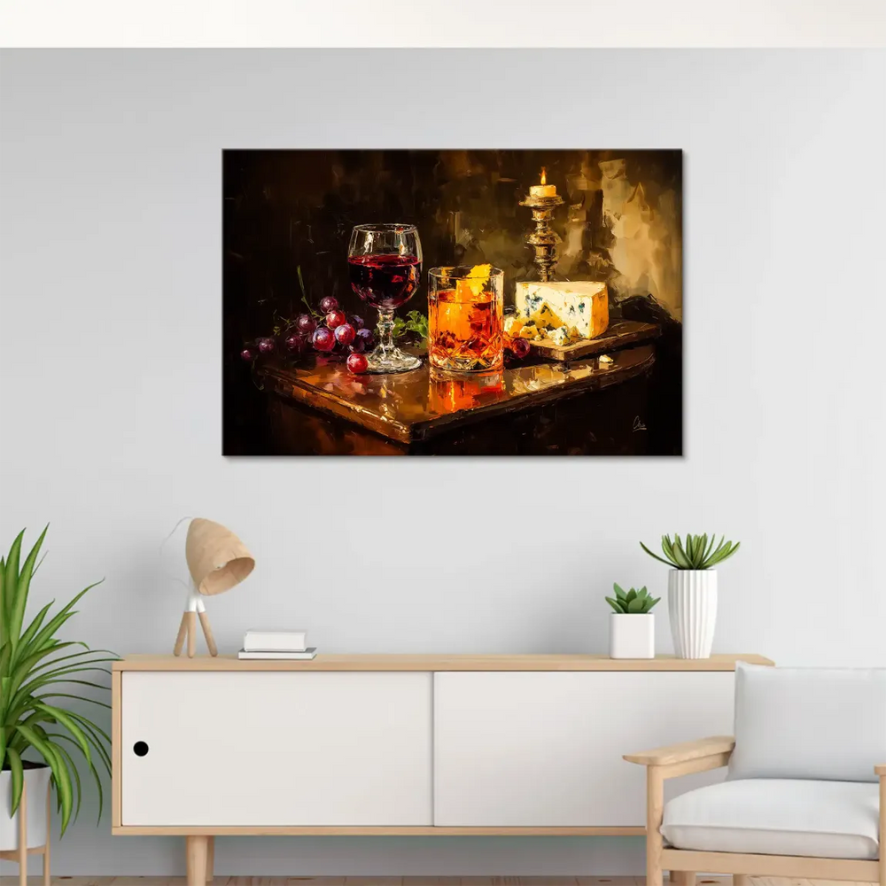 Warm-toned food wall art with a glass of wine, cheese wedge, grapes, and candle on a rich wood table.