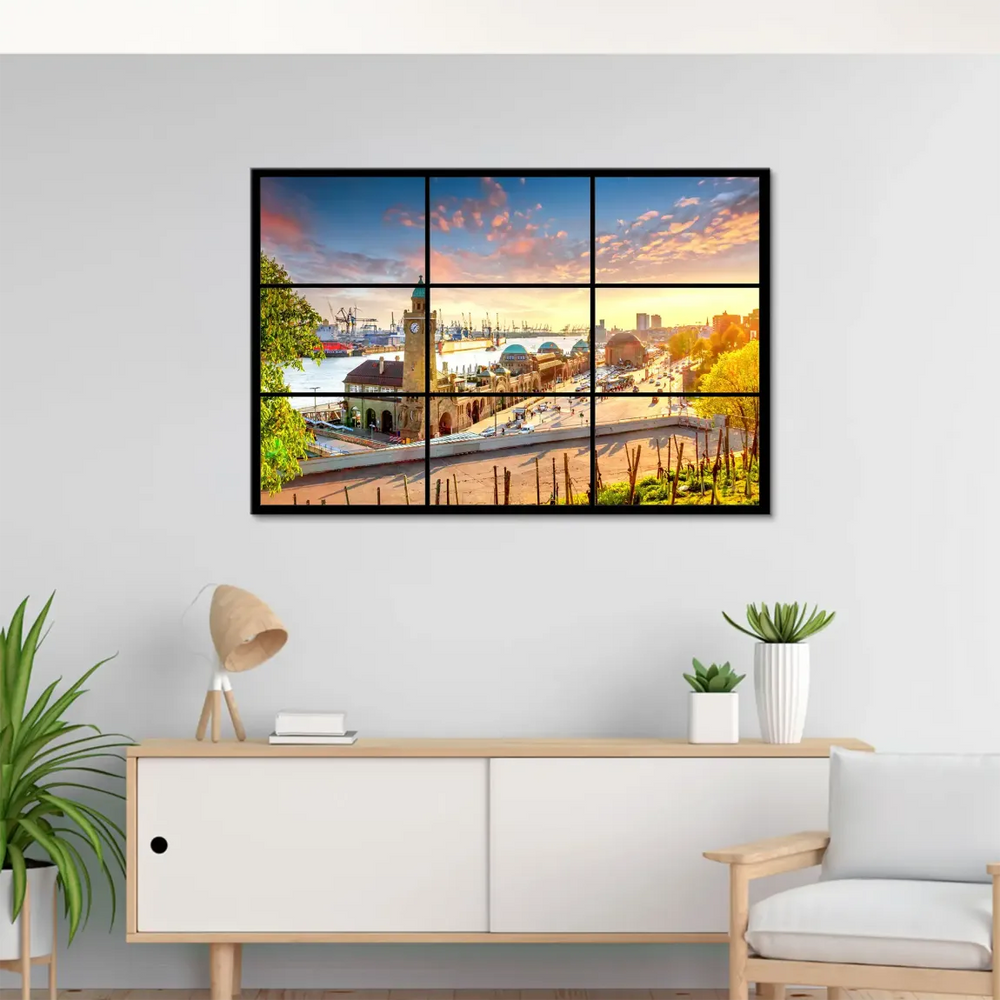 Wide Hamburg skyline over the harbor at golden hour on canvas art.