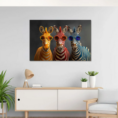Contemporary animal wall art featuring stylized zebras in a playful, modern composition.