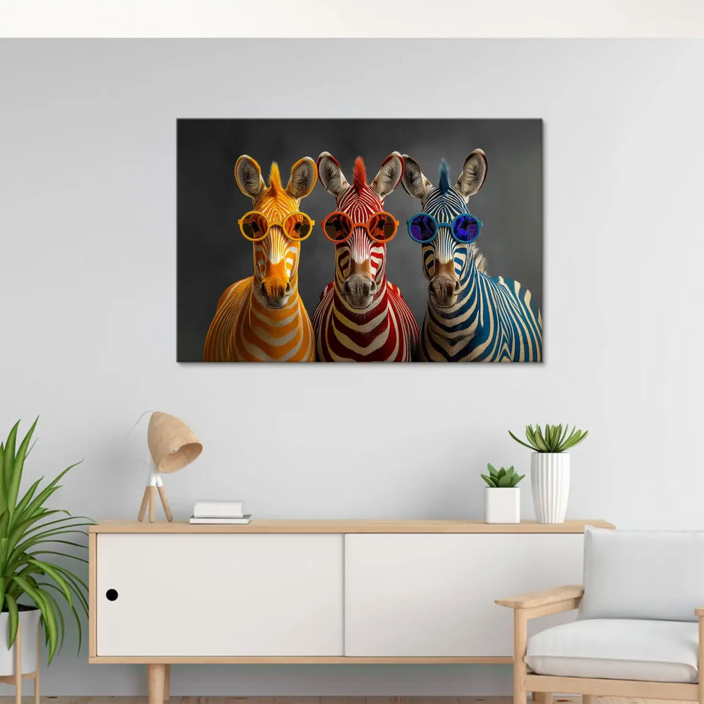 Contemporary animal wall art featuring stylized zebras in a playful, modern composition.