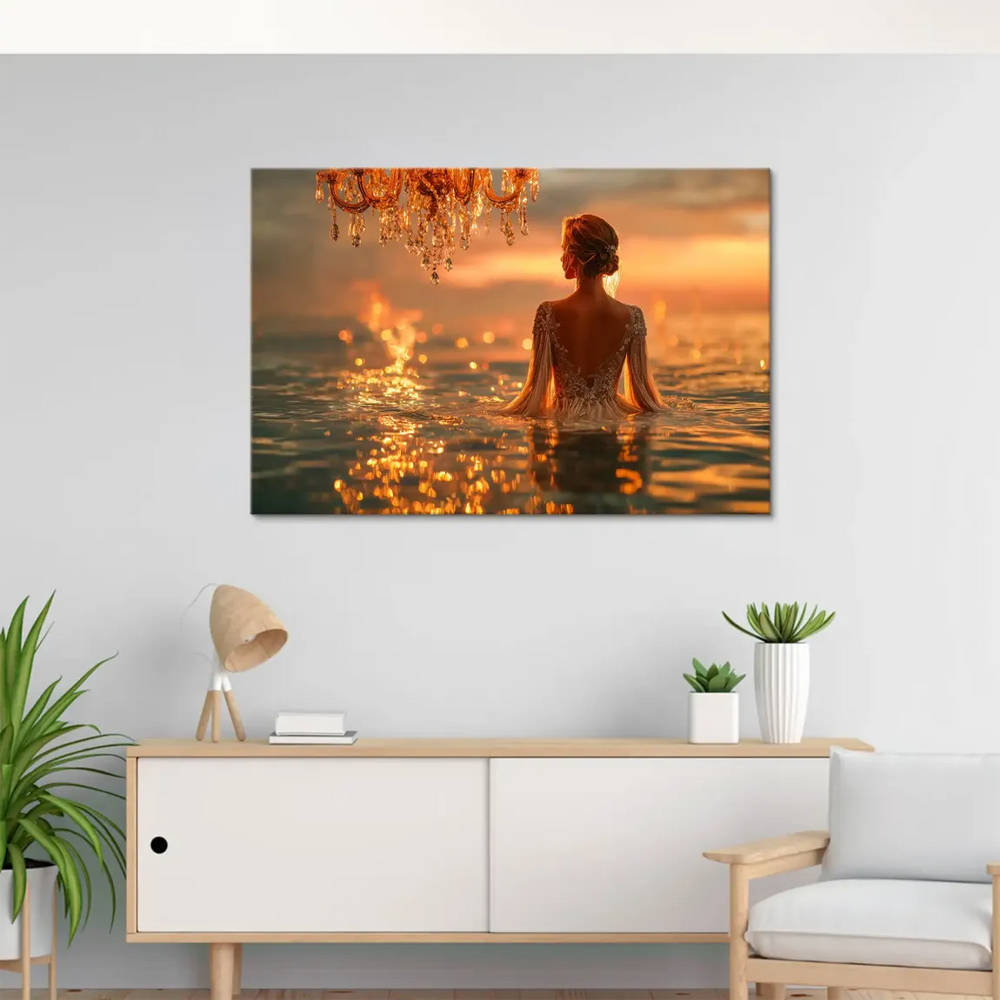 Luxurious atmosphere with chandelier lighting and magical sunset glow for bedroom or living room.