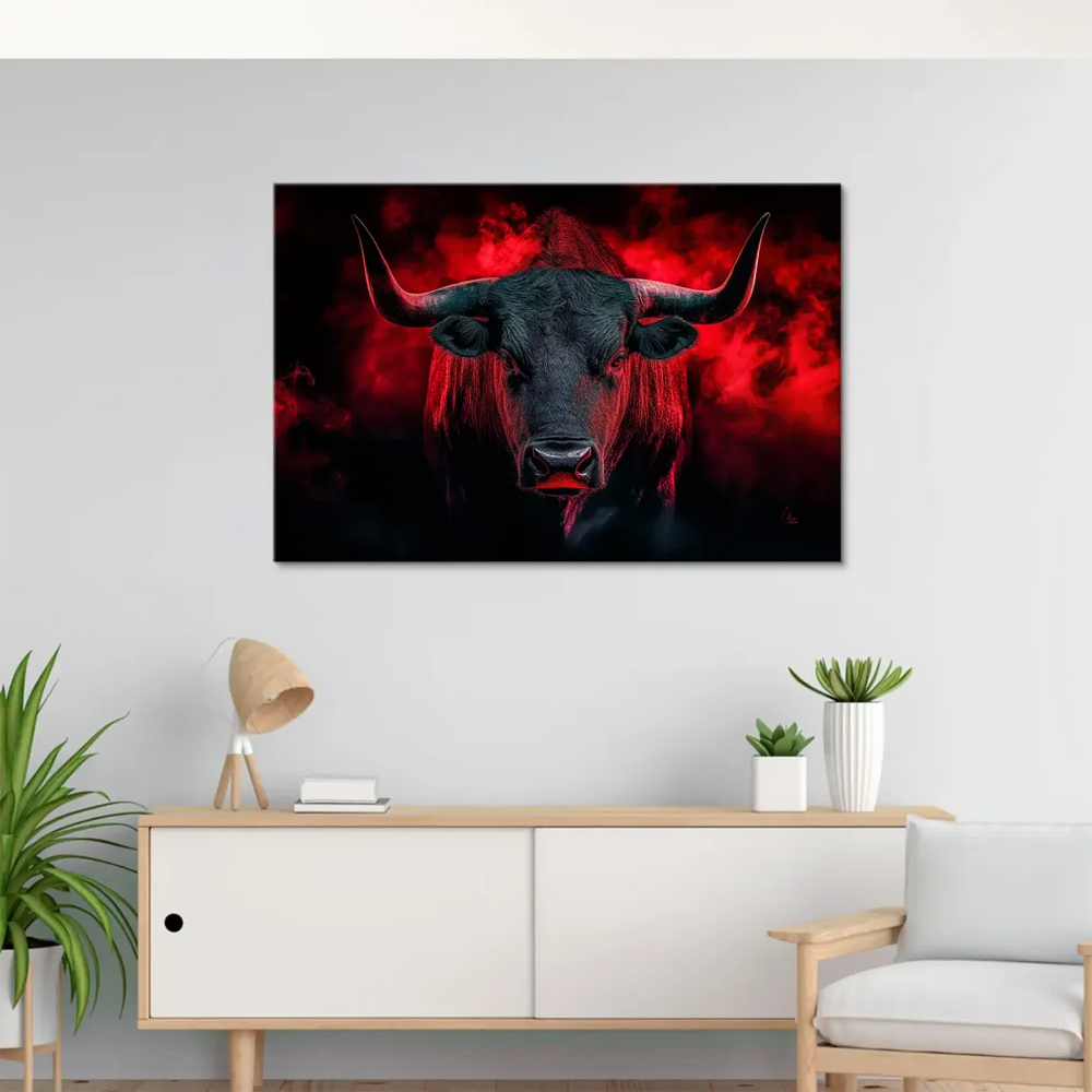 Fiery red backdrop enhances a realistic bull wildlife artwork