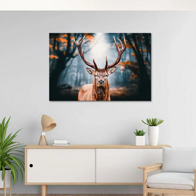Warm browns and oranges of the deer contrast with cool forest tones in this landscape canvas print