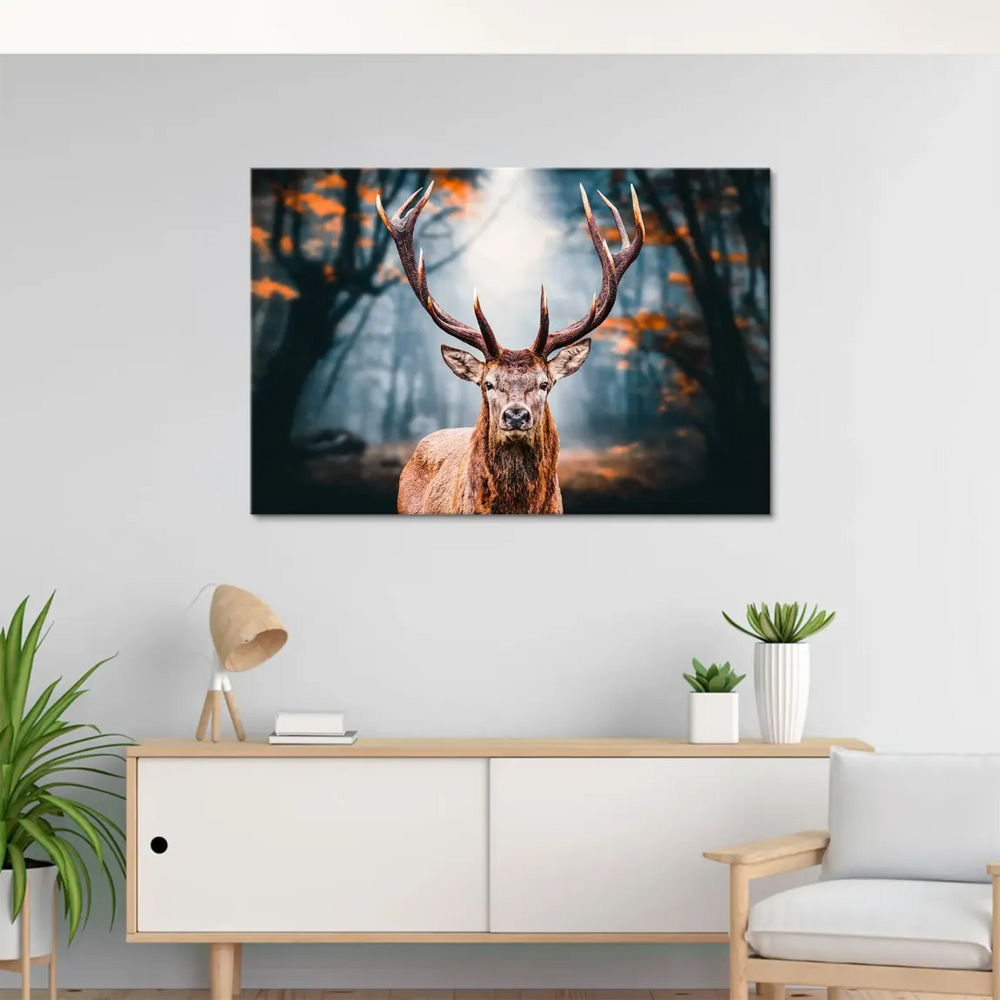 Warm browns and oranges of the deer contrast with cool forest tones in this landscape canvas print
