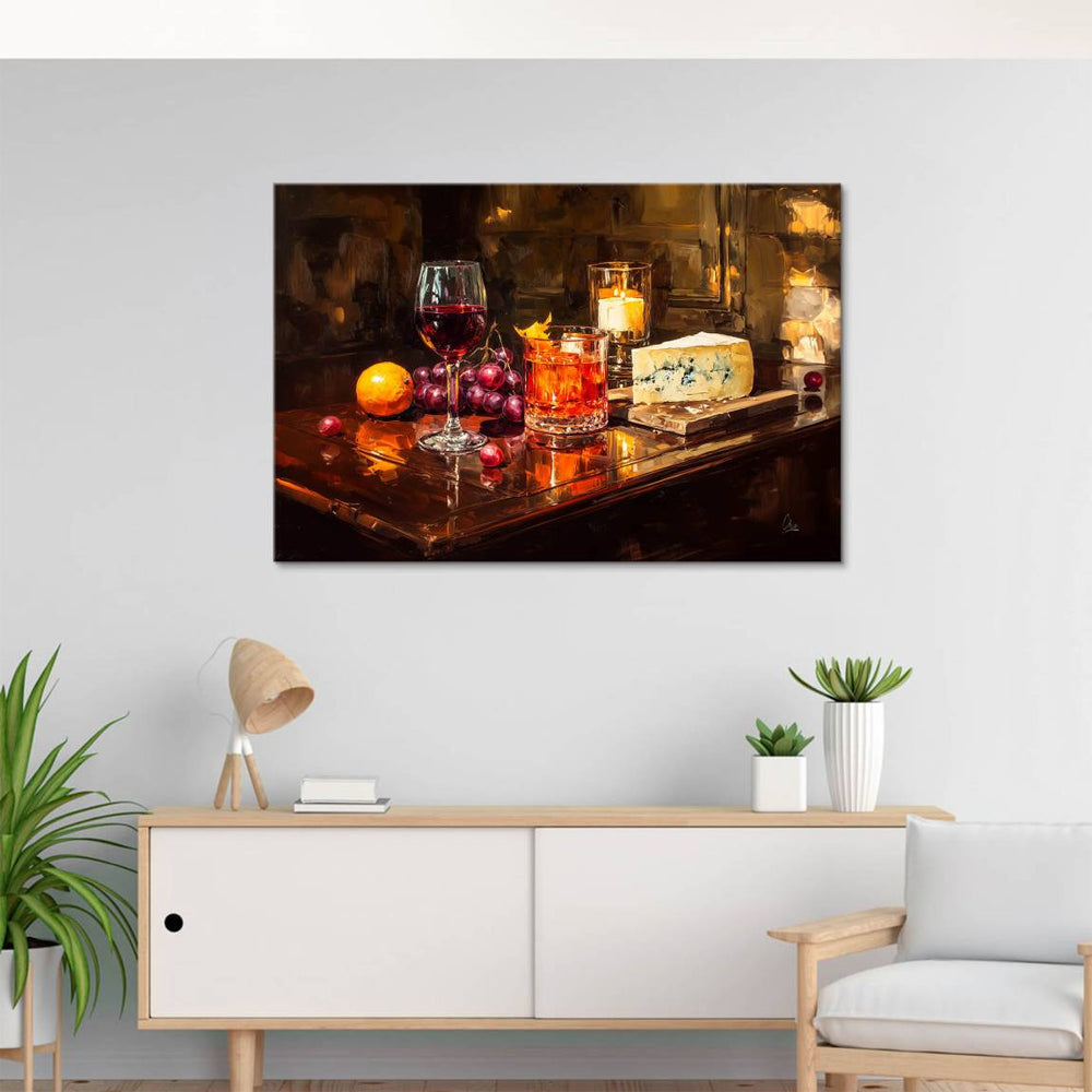 Candlelit dining scene with reflective surfaces on a canvas wall art