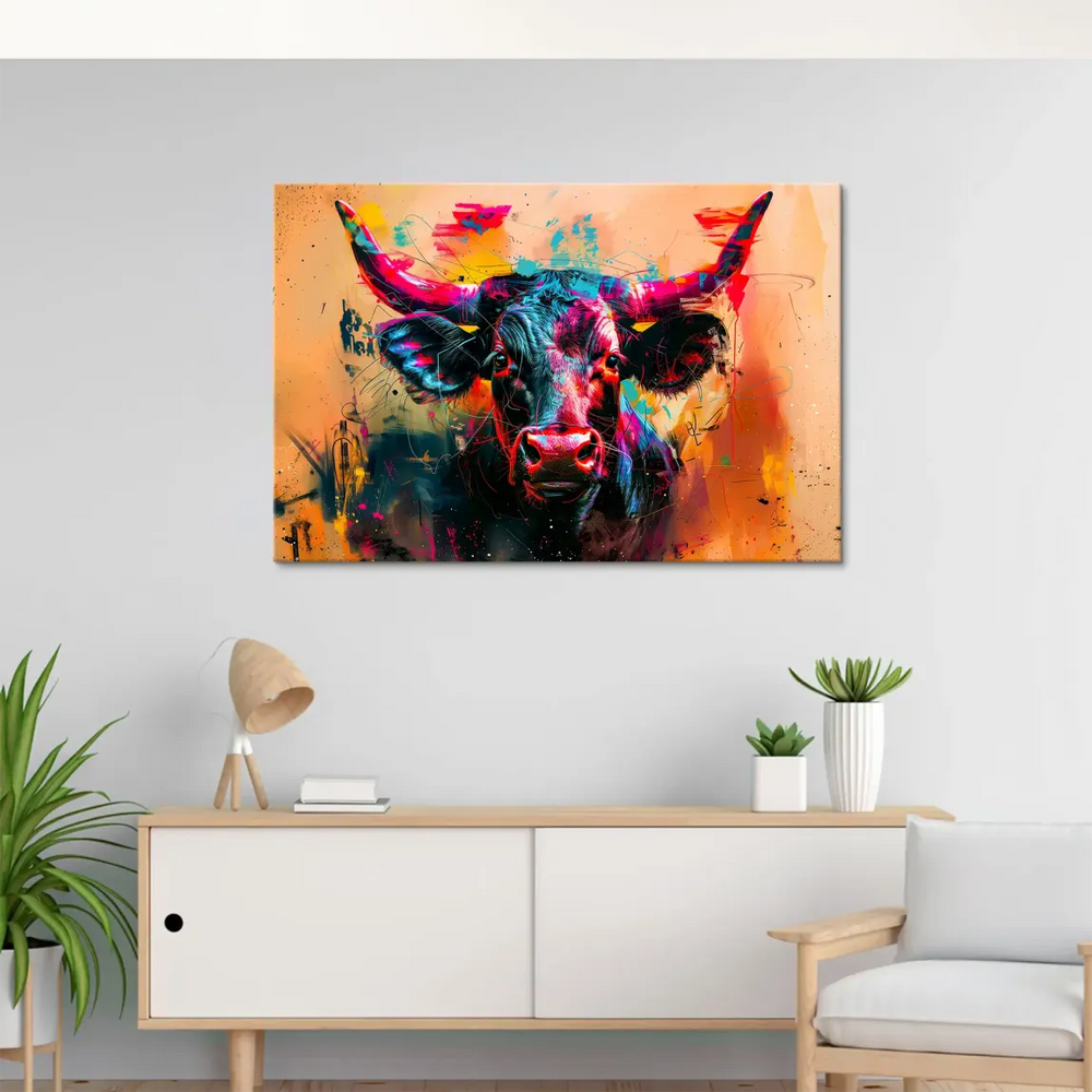 Close-up of the bull's glowing horn and snout with graffiti-inspired neon colors.