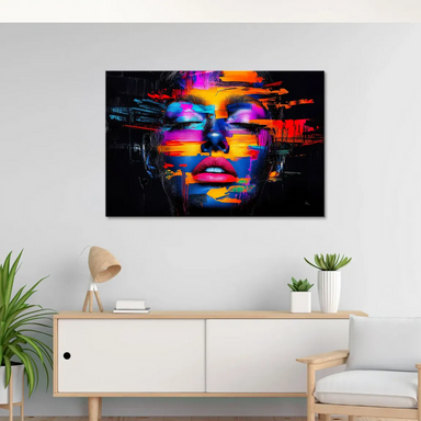 Abstract portrait on canvas blending neon colors with glitch-inspired effects.