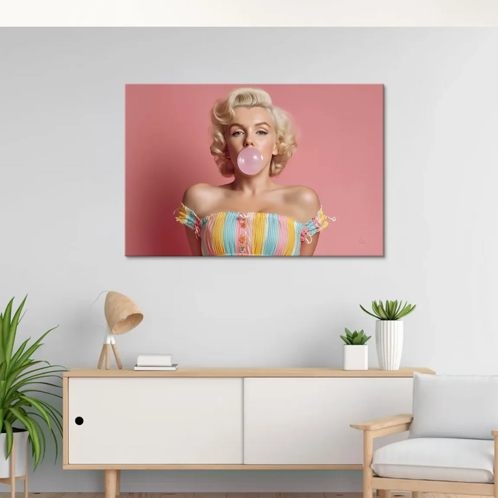 Full view of the Marilyn Monroe Candy Pop canvas print showing a center-aligned portrait with pastel striped top