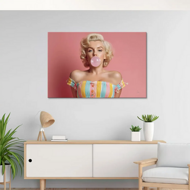 Full view of the Marilyn Monroe Candy Pop canvas print showing a center-aligned portrait with pastel striped top