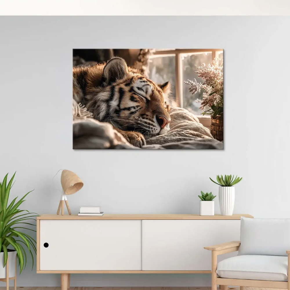 Photorealistic tiger resting with soft orange, brown, and golden hues