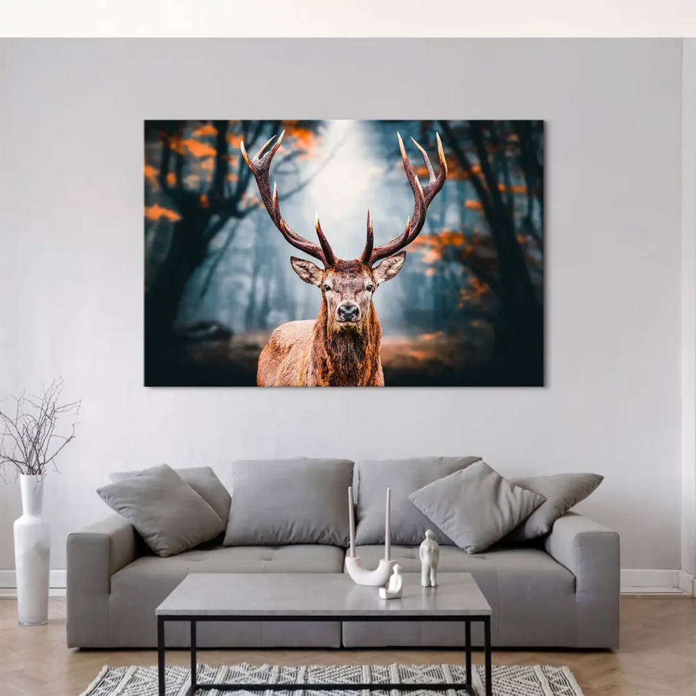Deer centered among autumn foliage with blue-gray forest background in realistic wildlife canvas art
