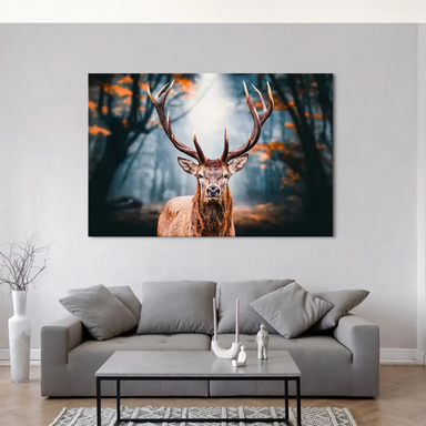 Deer centered among autumn foliage with blue-gray forest background in realistic wildlife canvas art