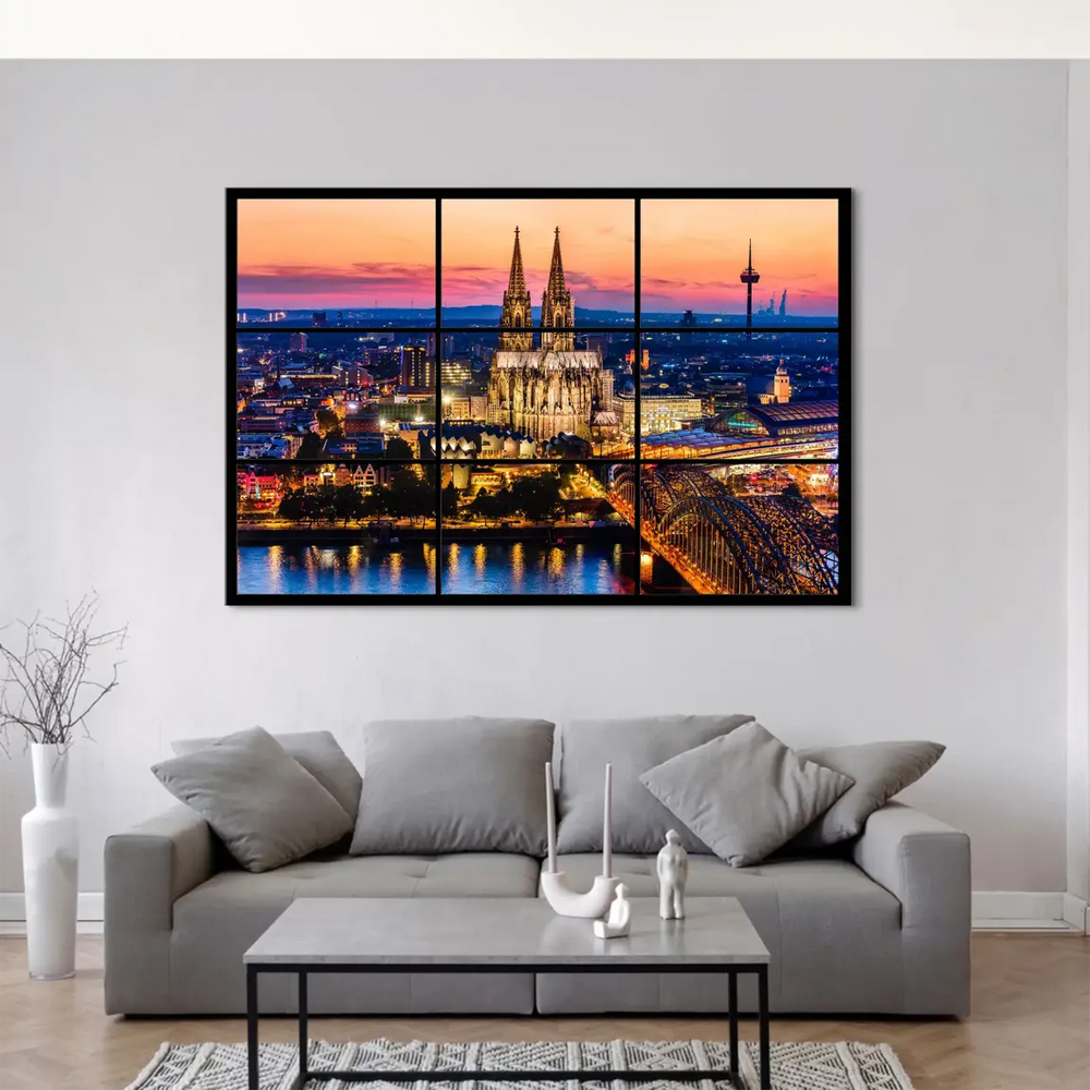 Contemporary multi-panel cityscape of Cologne at twilight in a grid layout