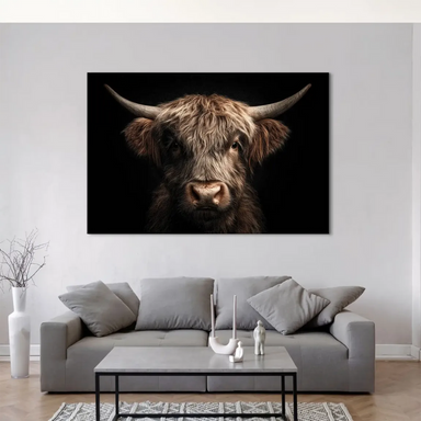 Realistic canvas wall art featuring a noble Highland cow for rustic or modern decor