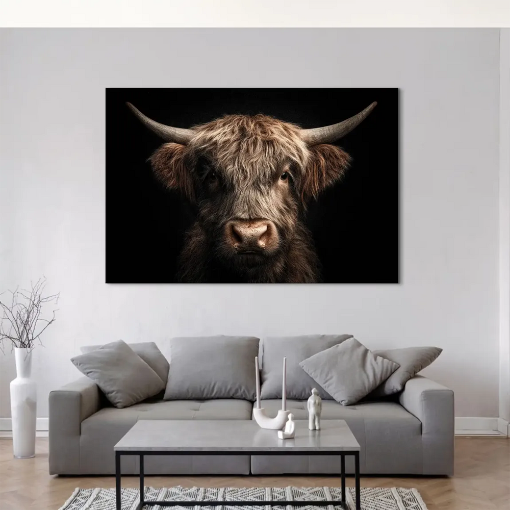 Realistic canvas wall art featuring a noble Highland cow for rustic or modern decor