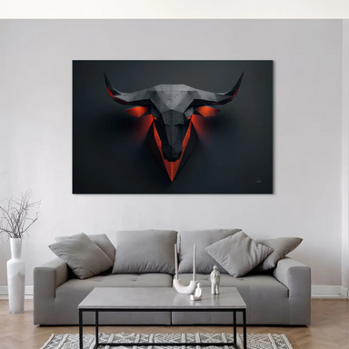 Industrial chic bull head wall art featuring orange-red eye glow