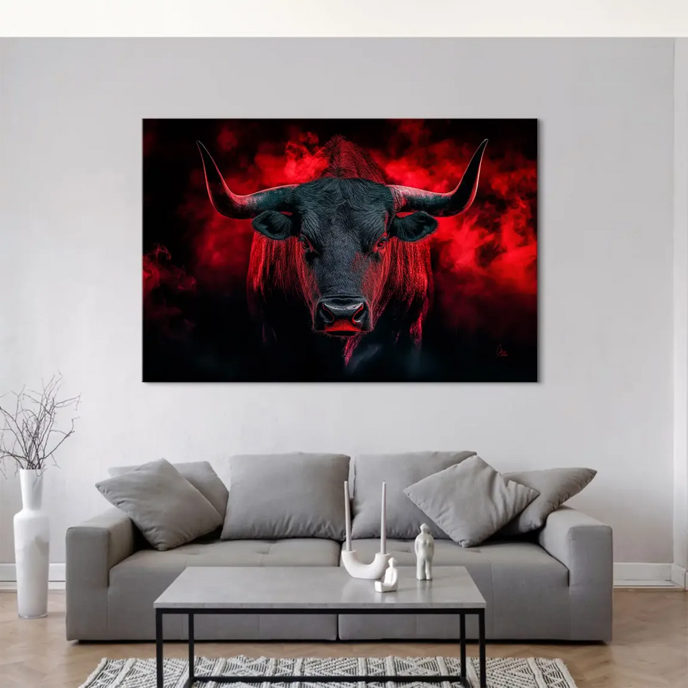 Dramatic wildlife wall art featuring a head-on bull with red smoke