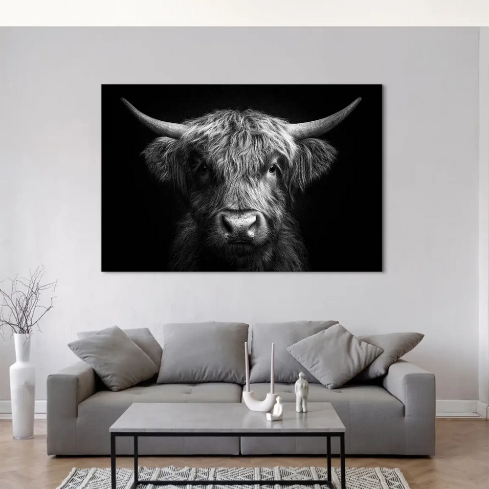 Detailed Highland cow canvas wall art with dark background and symmetrical composition