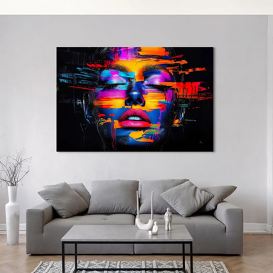 Contemporary wall art featuring a woman's face with bold neon lips against a dark backdrop.