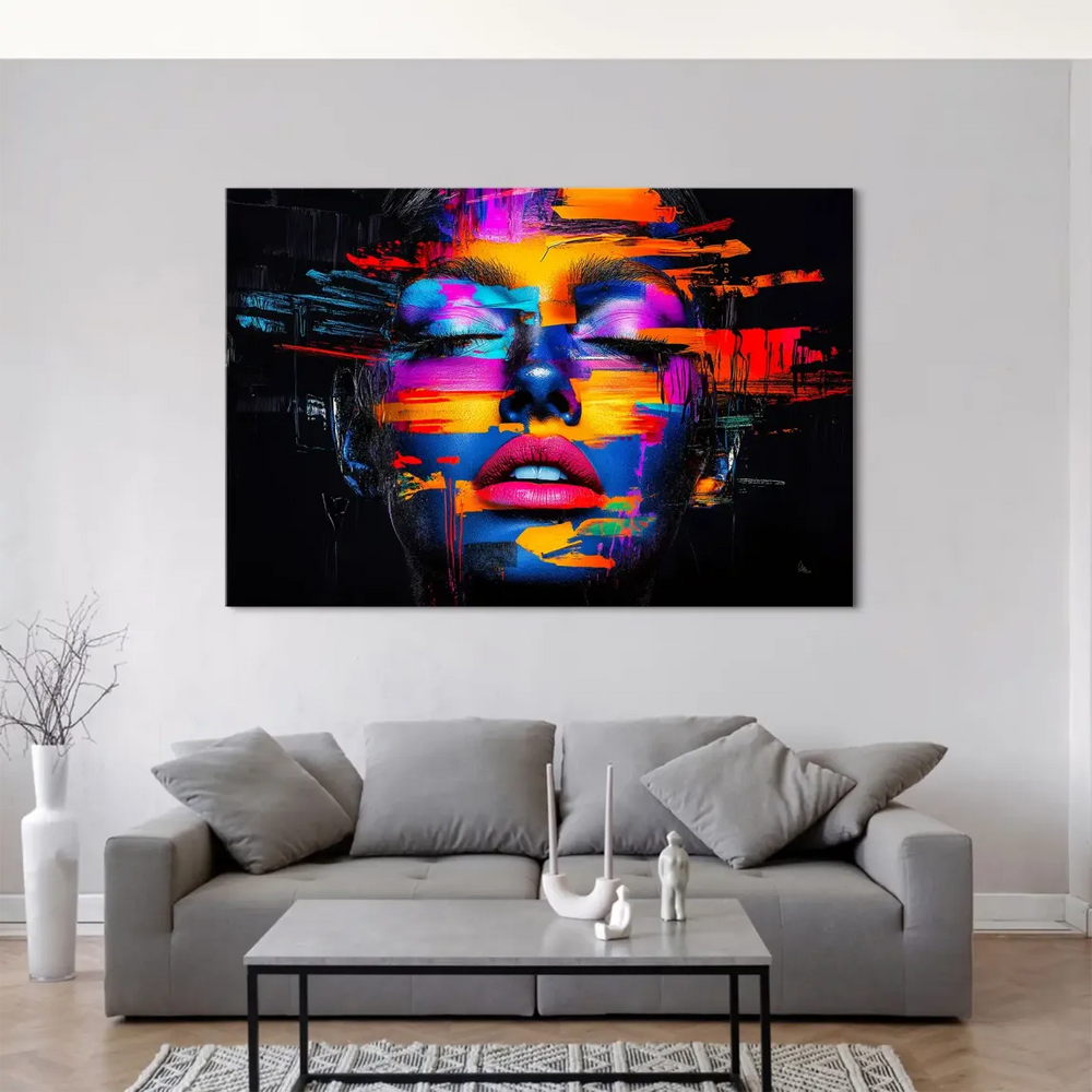 Contemporary wall art featuring a woman's face with bold neon lips against a dark backdrop.