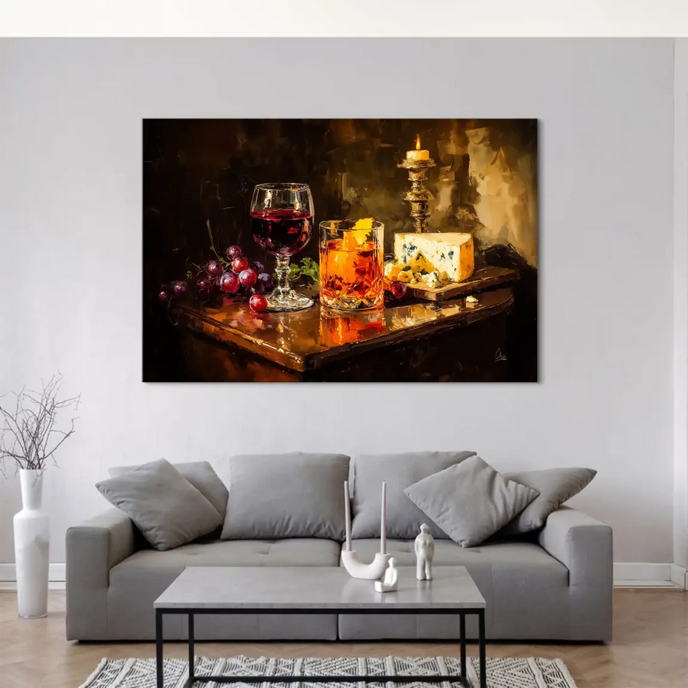 Elegant vintage wall art: reflective surface and moody lighting around wine and cheese.