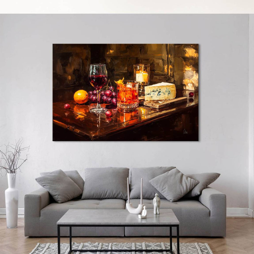 Food and drink wall art featuring wine and cheese in a cozy setting
