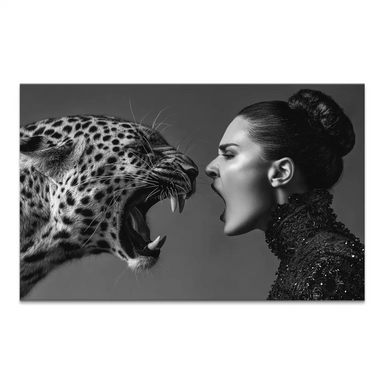 Monochrome canvas print showing a roaring leopard facing a screaming woman in profile.