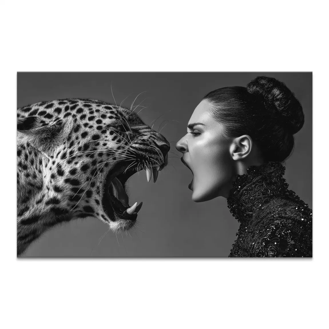 Monochrome canvas print showing a roaring leopard facing a screaming woman in profile.