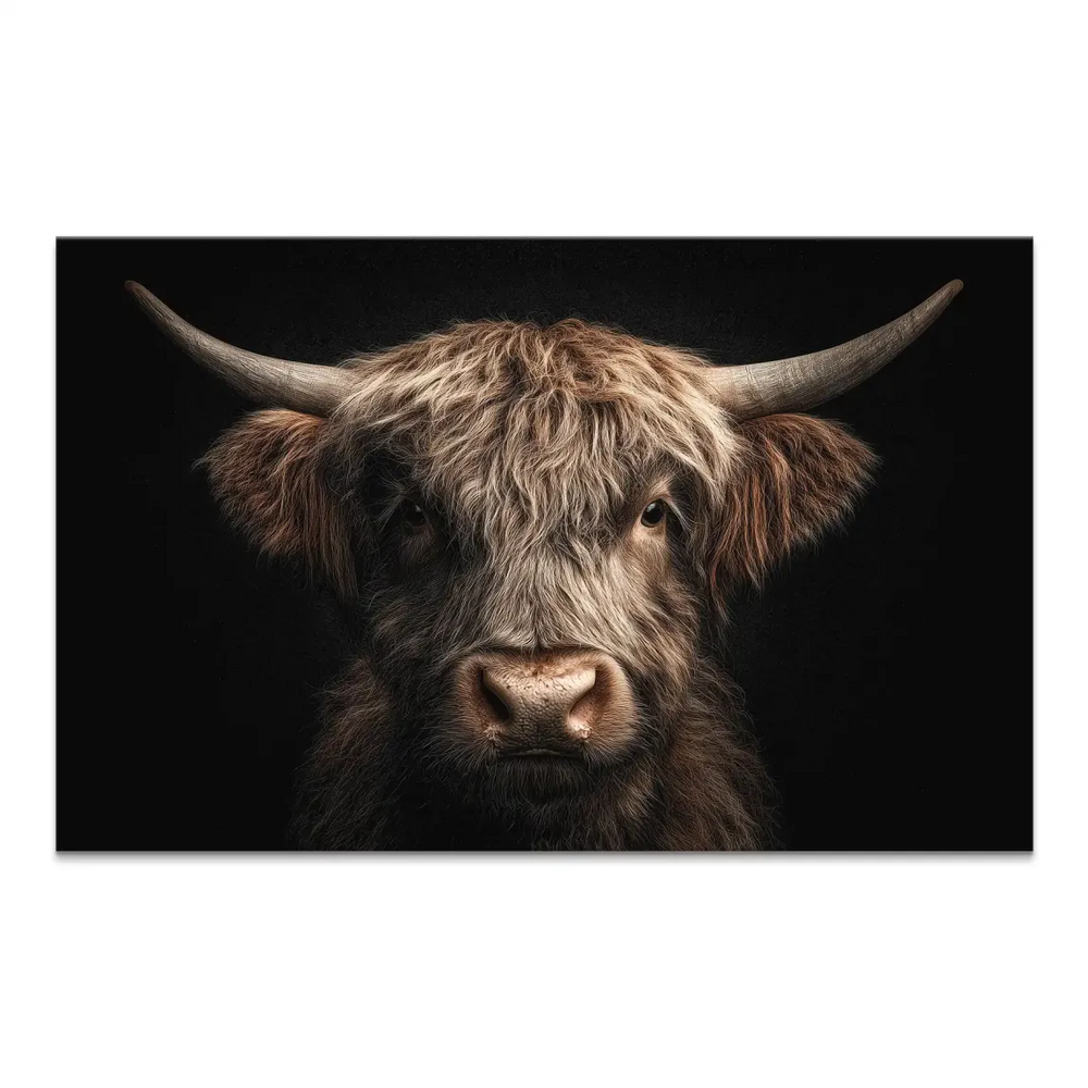 Close-up of a majestic Highland cow with shaggy brown fur and horns against a black background