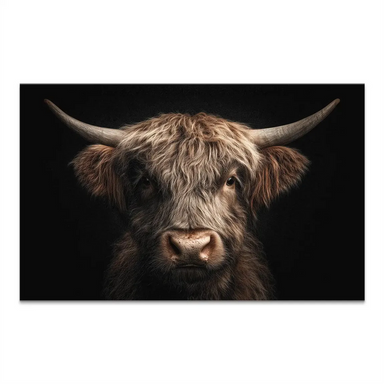 Close-up of a majestic Highland cow with shaggy brown fur and horns against a black background
