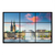 Hamburg cityscape at sunset seen through a nine-pane window featuring Rathaus and St. Peter's Church over Inner Alster Lake