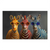 Three zebras with bright orange, red, and blue stripes wearing round sunglasses against a dark grey background.