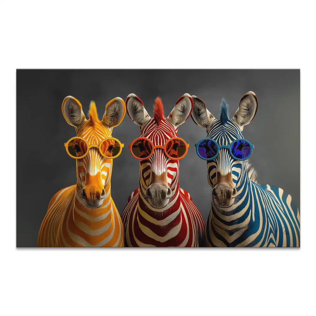 Three zebras with bright orange, red, and blue stripes wearing round sunglasses against a dark grey background.