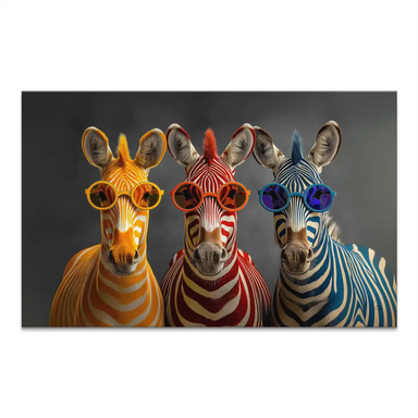 Three zebras with bright orange, red, and blue stripes wearing round sunglasses against a dark grey background.