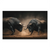Two black bulls lock horns in a dramatic low-angle confrontation amid dusty ground