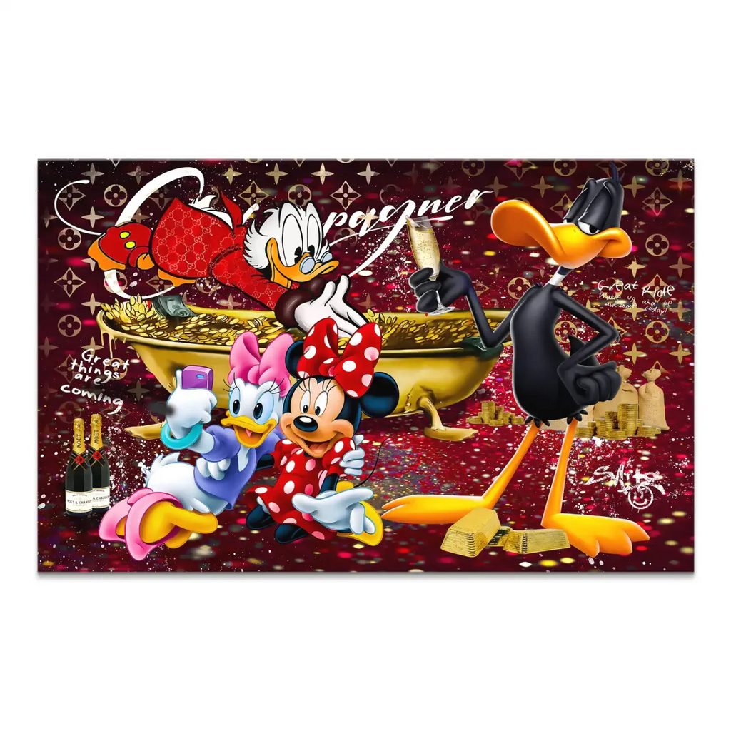 Pop art canvas featuring Scrooge McDuck in a Gucci-inspired coat beside Daisy Duck, Minnie Mouse, and Daffy Duck celebrating on a red Louis Vuitton-style monogram background with gold coins and champagne flutes.