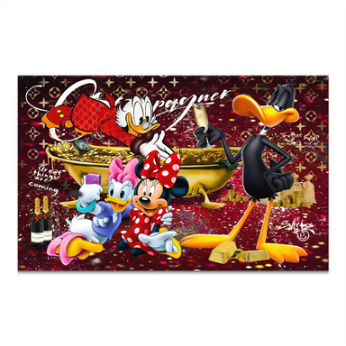 Pop art canvas featuring Scrooge McDuck in a Gucci-inspired coat beside Daisy Duck, Minnie Mouse, and Daffy Duck celebrating on a red Louis Vuitton-style monogram background with gold coins and champagne flutes.