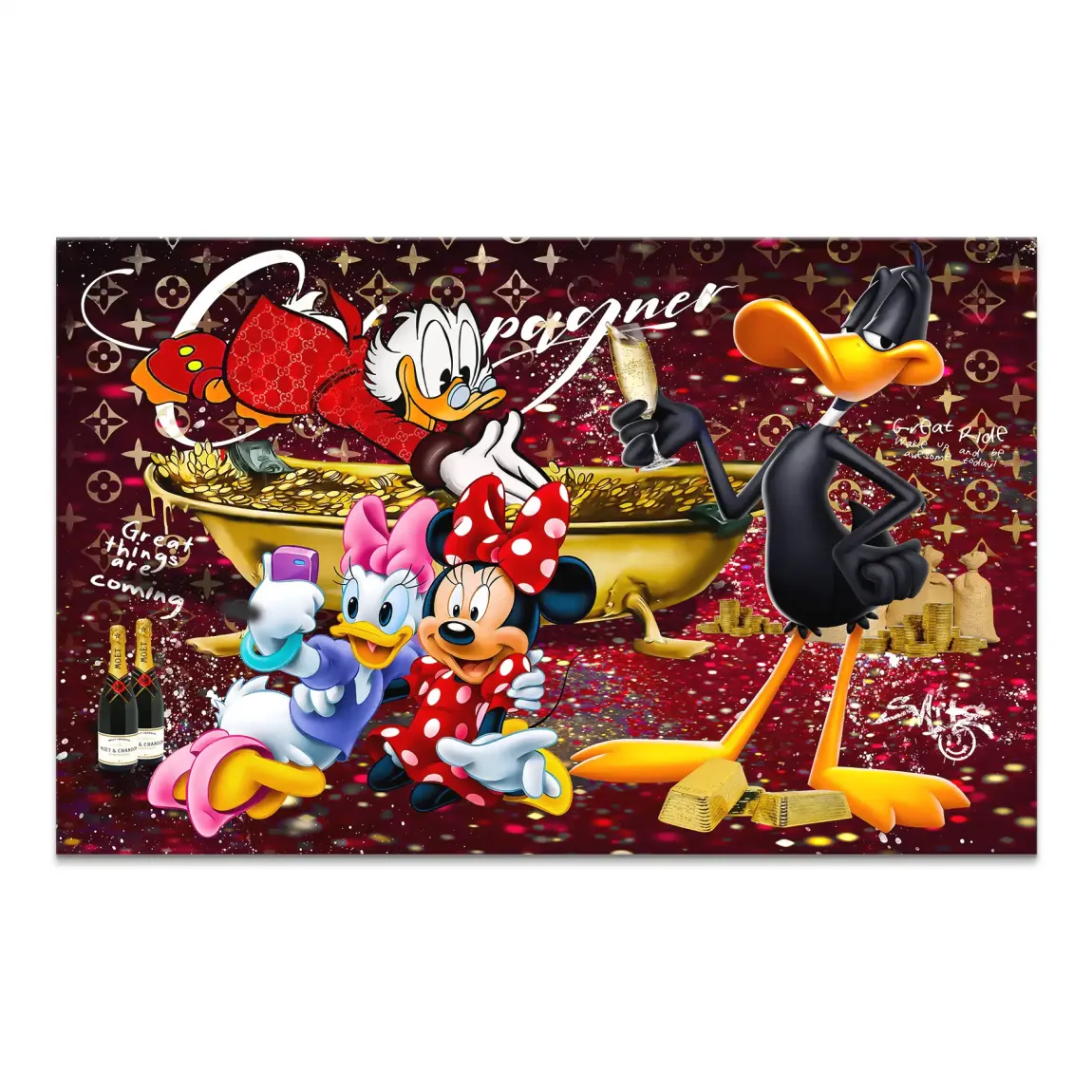 Pop art canvas featuring Scrooge McDuck in a Gucci-inspired coat beside Daisy Duck, Minnie Mouse, and Daffy Duck celebrating on a red Louis Vuitton-style monogram background with gold coins and champagne flutes.