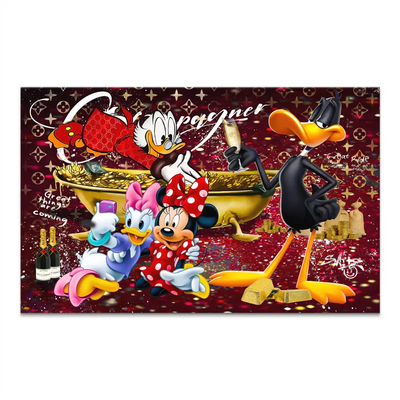 Pop art canvas featuring Scrooge McDuck in a Gucci-inspired coat beside Daisy Duck, Minnie Mouse, and Daffy Duck celebrating on a red Louis Vuitton-style monogram background with gold coins and champagne flutes.