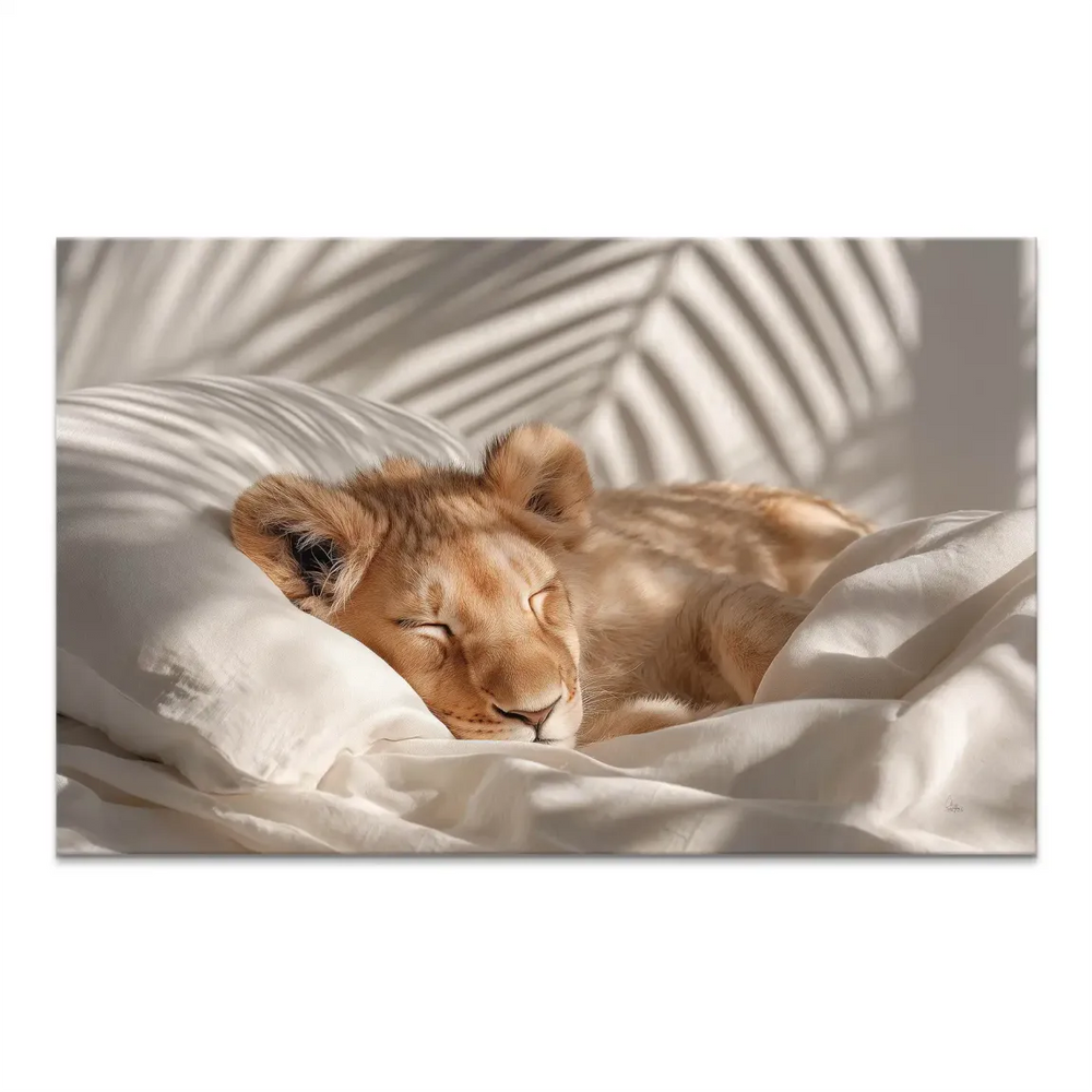 Sleeping lion cub on soft white bedding in natural light