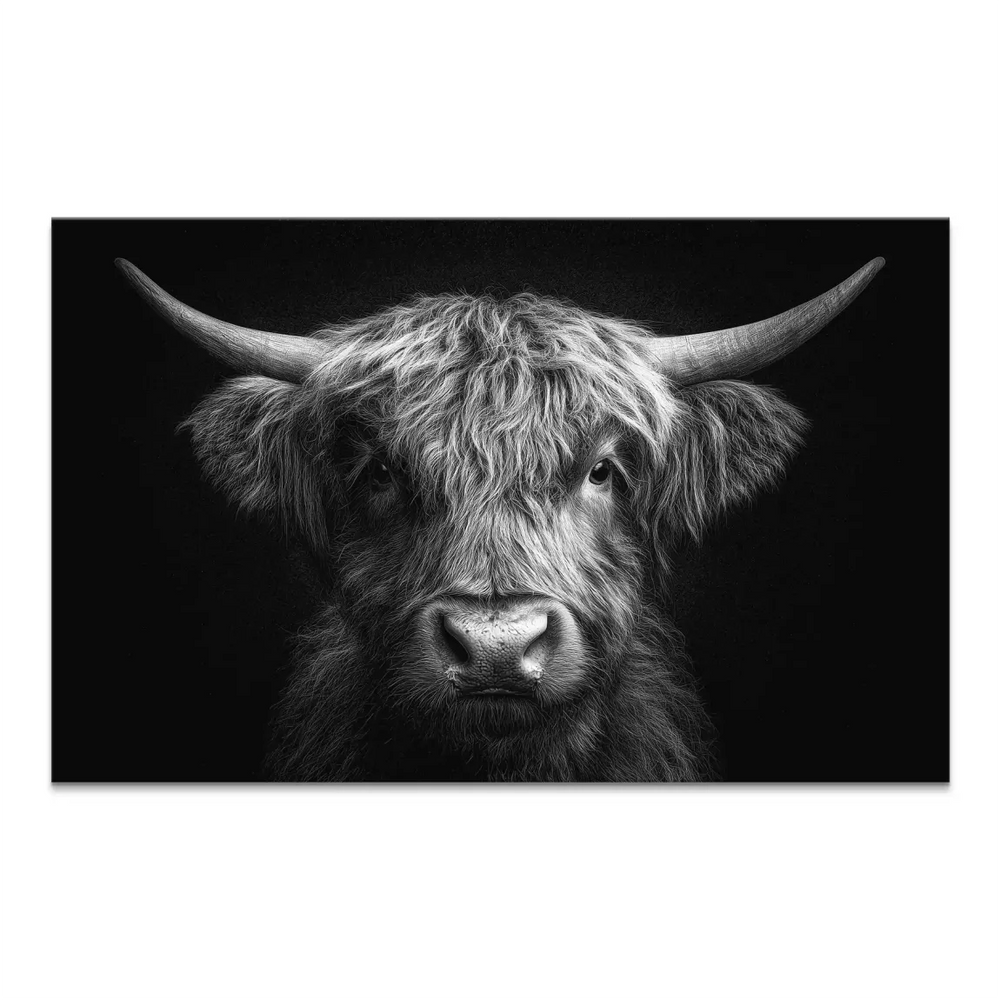 Close-up monochrome Highland cow portrait on canvas wall art with dramatic lighting