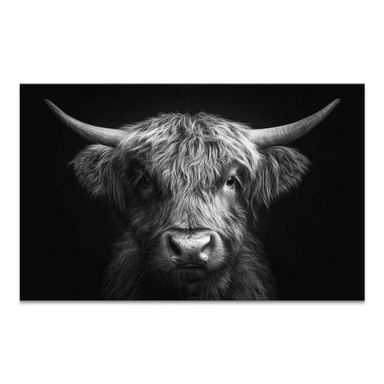 Close-up monochrome Highland cow portrait on canvas wall art with dramatic lighting
