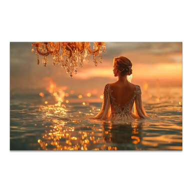 Back view of a woman in an elegant gown standing in glistening water beneath a crystal chandelier in a golden sunset scene.