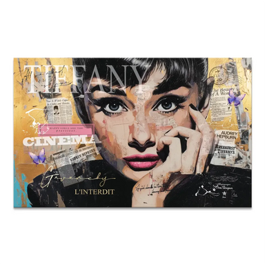 Audrey Hepburn Pop Art portrait on canvas with gold, black and white palette and pink lips
