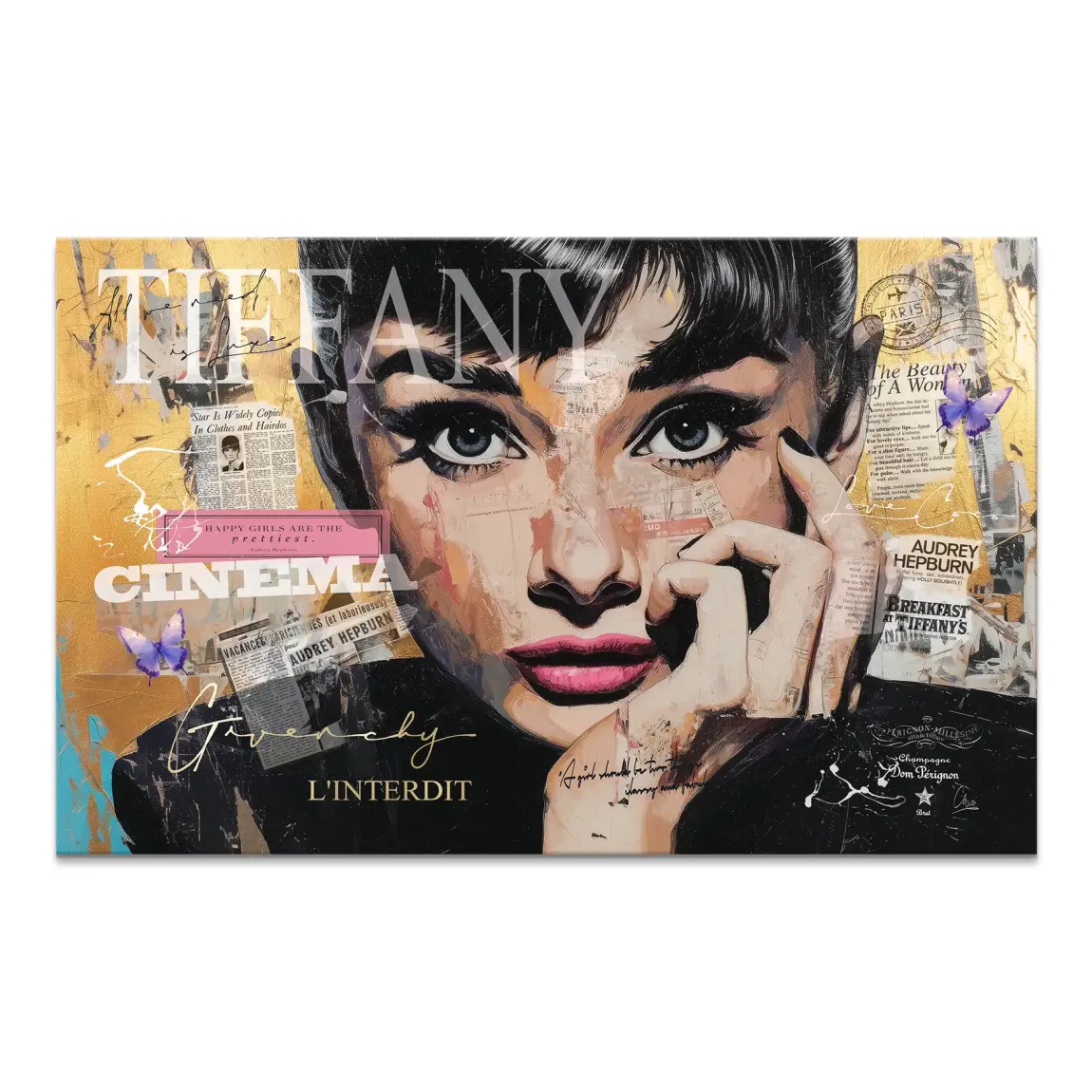 Audrey Hepburn Pop Art portrait on canvas with gold, black and white palette and pink lips