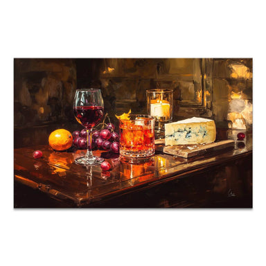 Wine in the Light: a glass of red wine, amber cocktail, grapes, orange, and blue cheese on a dark wooden table by candlelight
